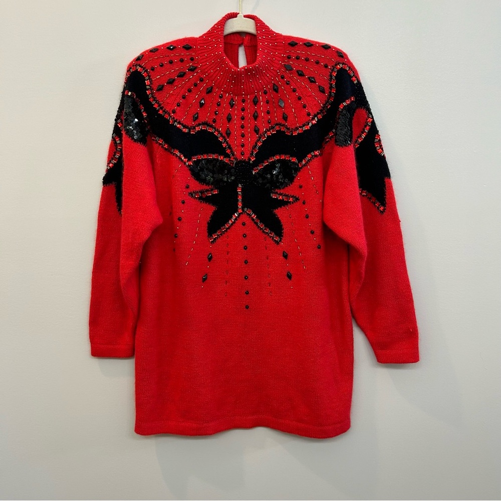 Vintage I.B. Diffusion Silk Rabbit Hair Wool Red Sweater Bow Sequins Beading